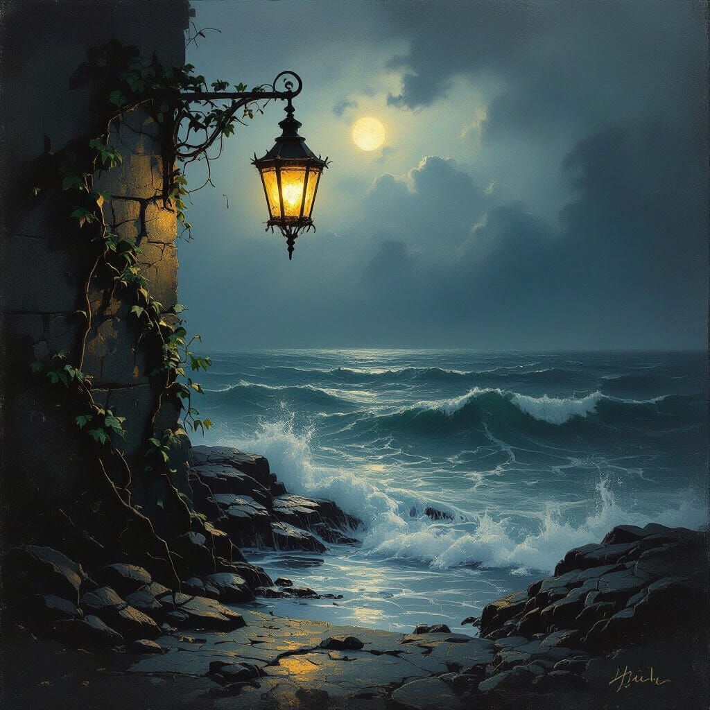 Antique Lantern Glows on Stormy Sea in Impressionist Style