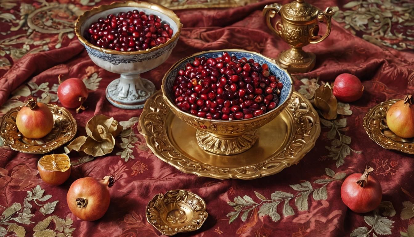 Baroque Still Life: Pomegranates, Gold, and Ruby Light