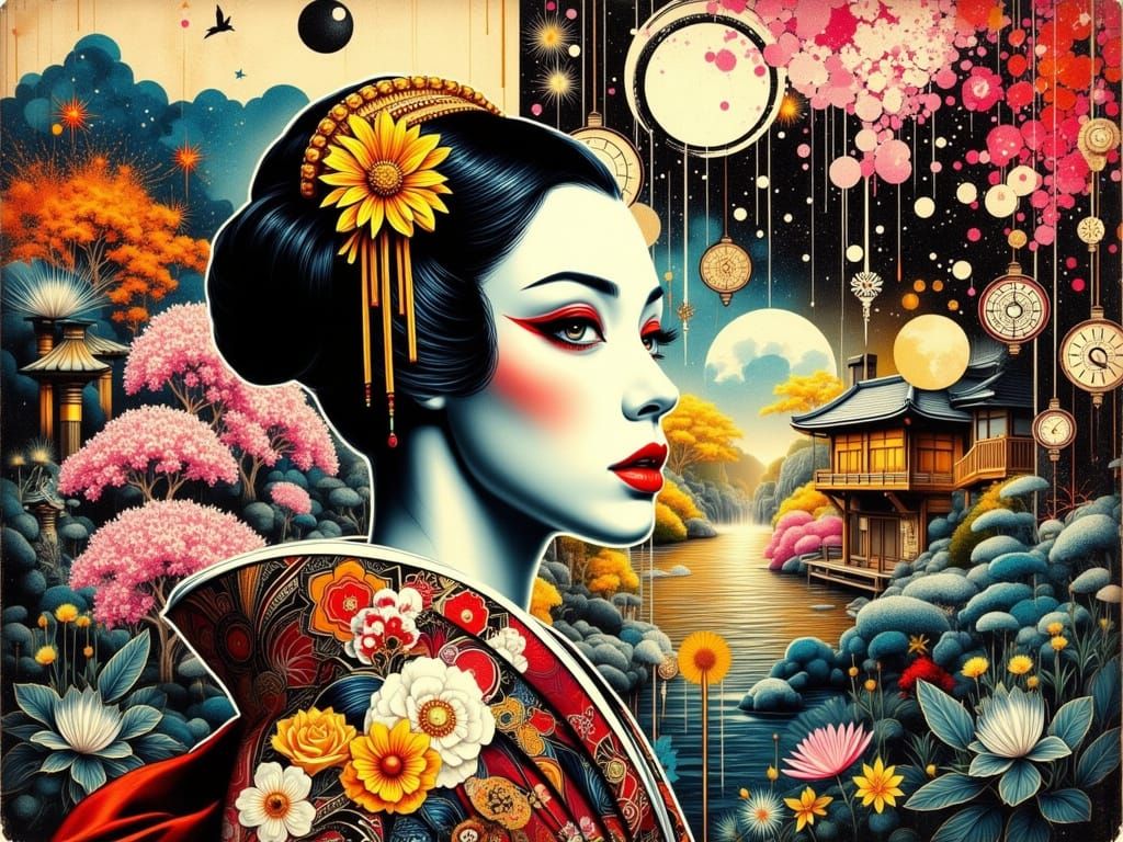 Mid-Century Pop Art Geisha in Zen Garden