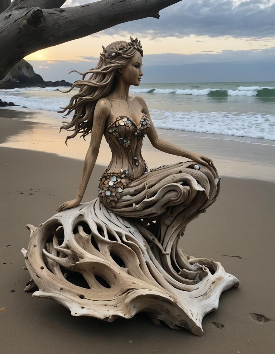 Driftwood Mermaid Sculpture on a Beach