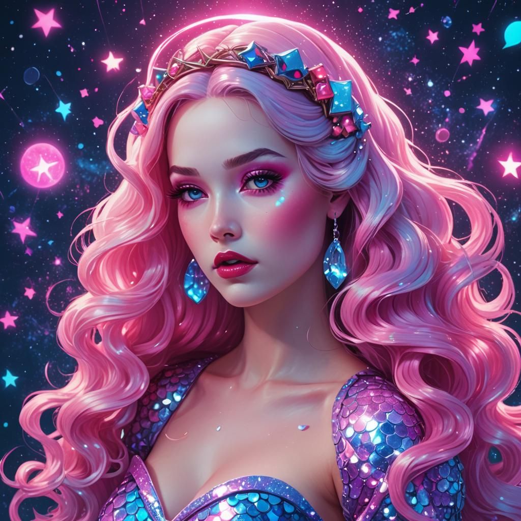 Snow White Space Mermaid with Neon Sparkles