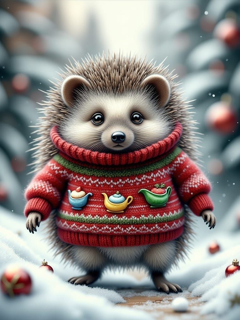 Anthropomorphic Hedgehog in Ugly Christmas Sweater in Snowy ...