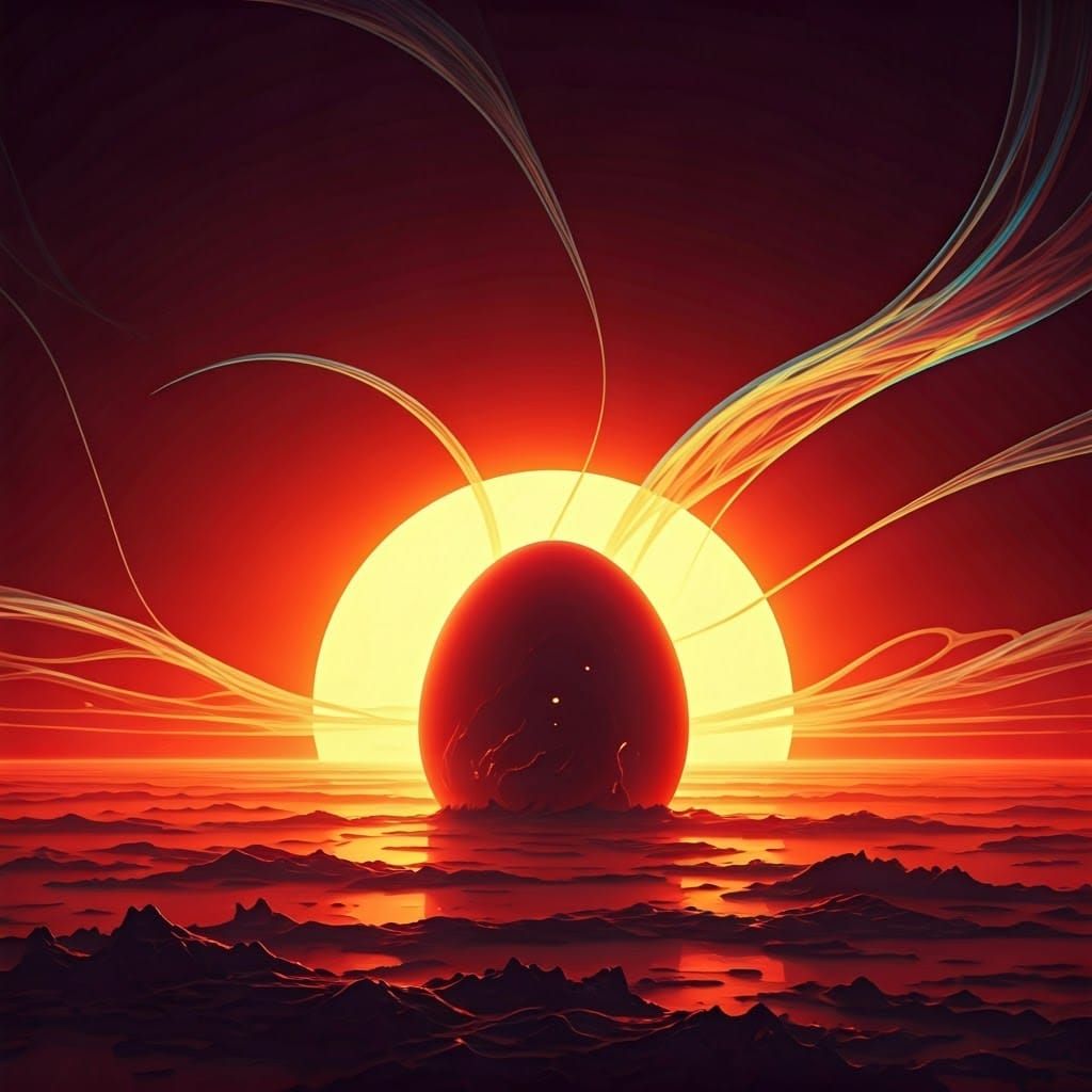 Blazing Red Sun and Floating Egg in Sci-Fi Style