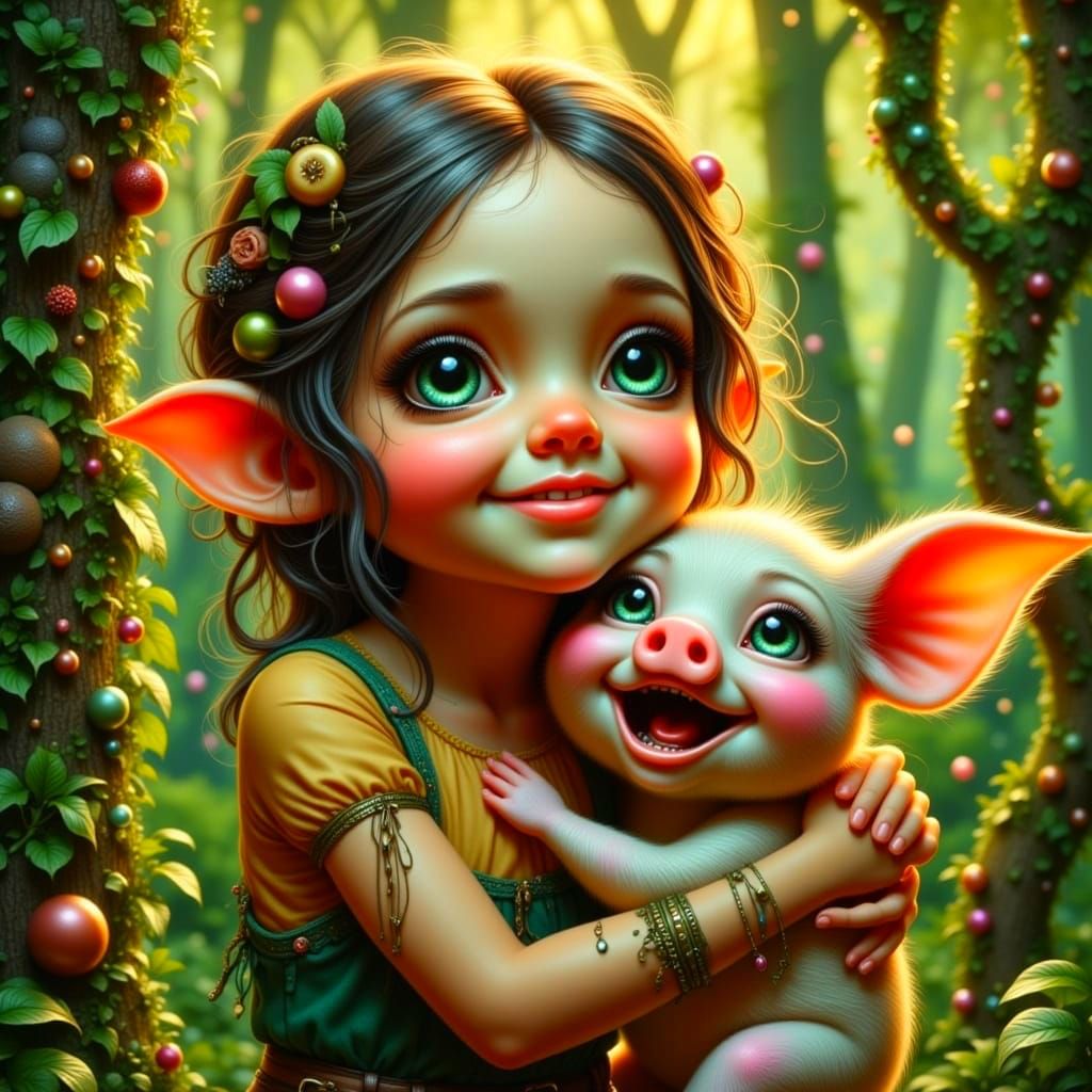 Whimsical Elf and Piglet Hug in a Bohemian Forest