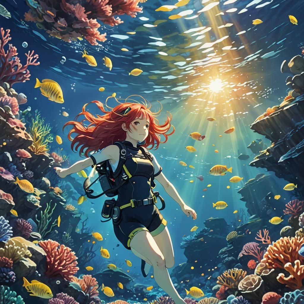 Pregnant Anime Diver in Shinkai Style Underwater