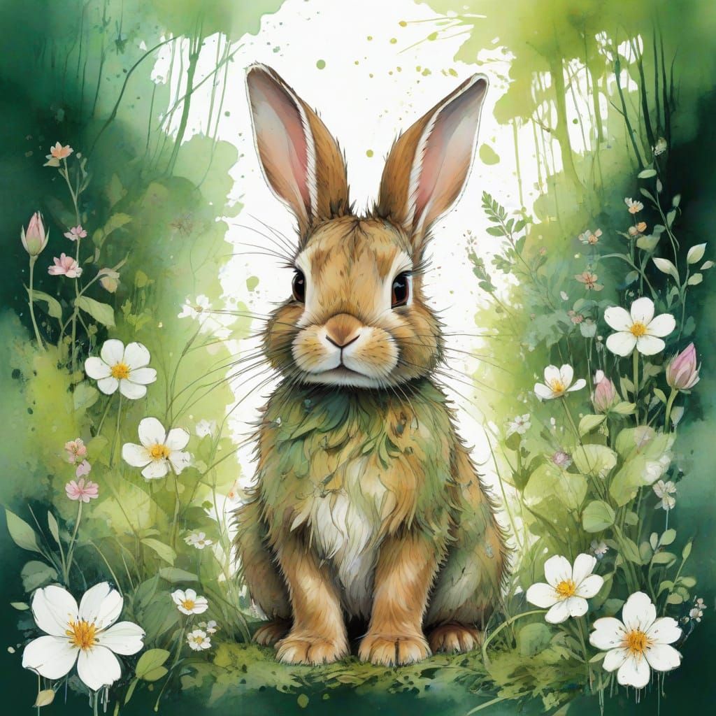 Enchanted Forest Glade with Bunny in Watercolor Style