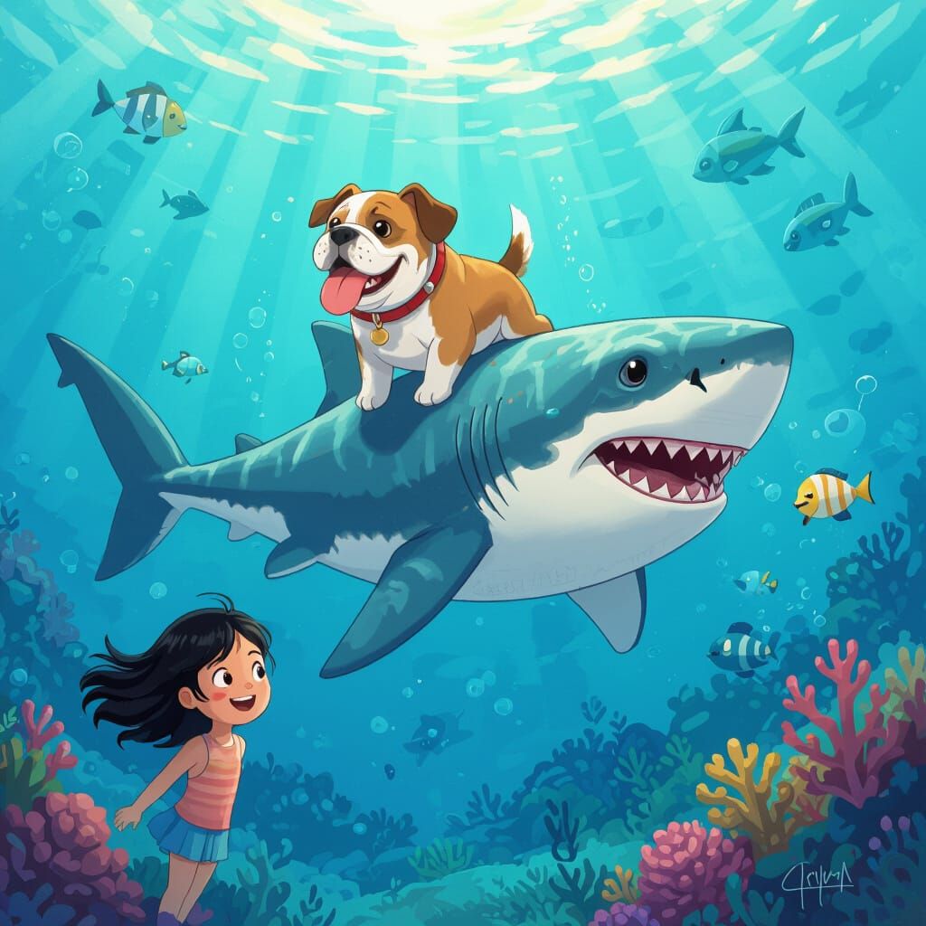 Shark and Bulldog Underwater Adventure in Dreamy Anime Style
