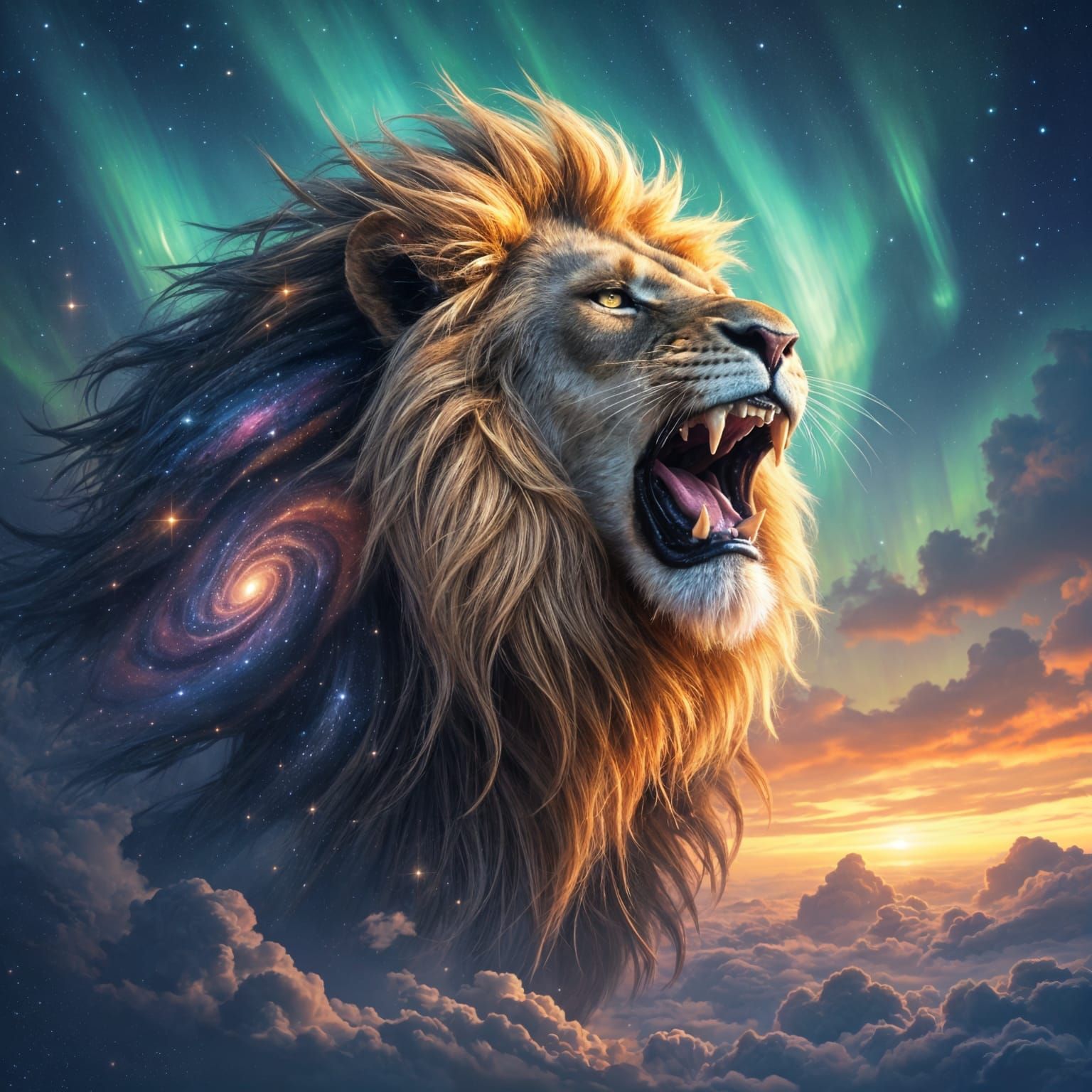 Galactic Lion Roaring Under Aurora Sky