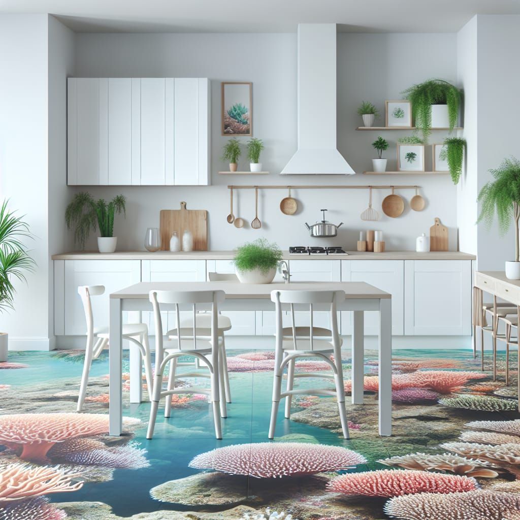Modern Kitchen Interior with Underwater Coral Reef Flooring