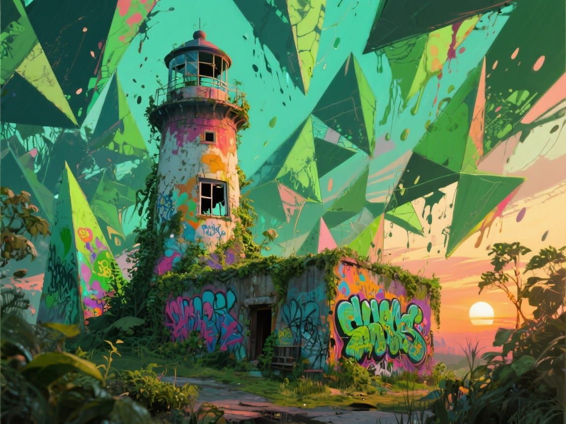 Abstract Lighthouse Scene with Graffiti Art