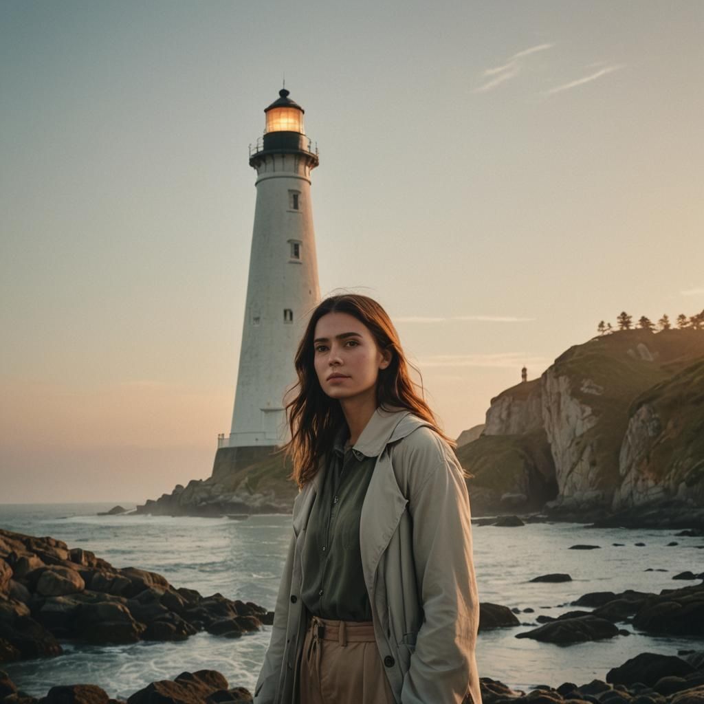 Girl by Lighthouse in Golden Hour Light