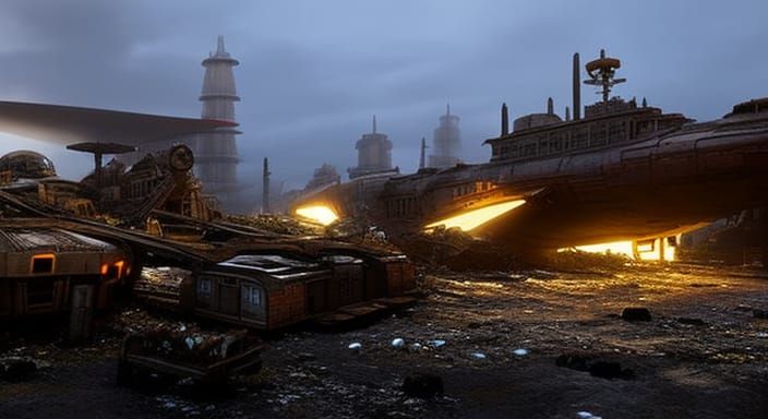 Vast Sci-Fi Spaceship Salvage Yard in Hyperrealism