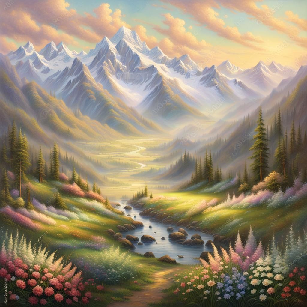 Floral Valley Landscape in Oil Painting Style