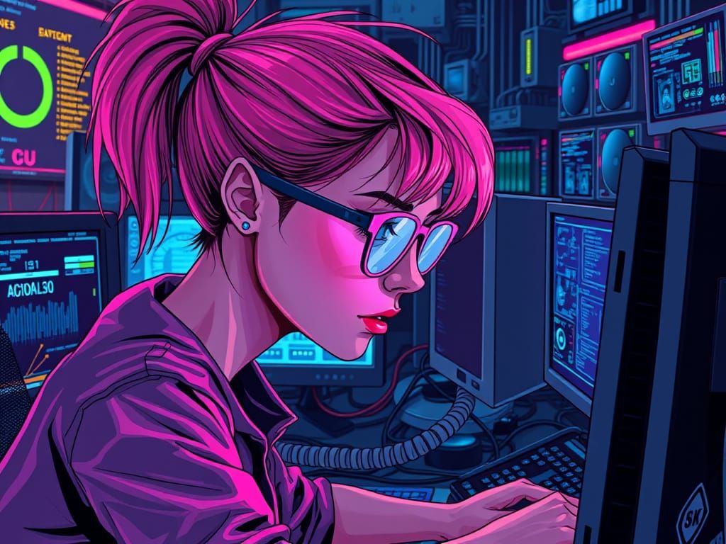 Cyberpunk Hacker with Pink Ponytail and Neon Glasses