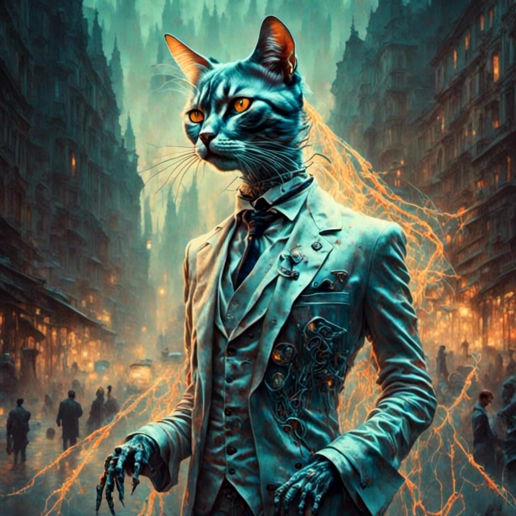 Cyborg Cat in Rococo Horrorcore Style