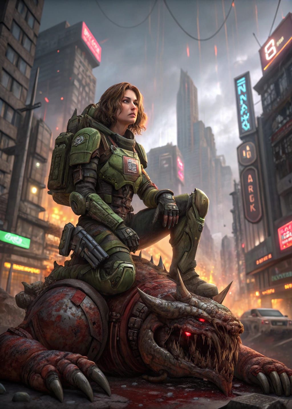 Doom Slayer, a brown-haired woman
