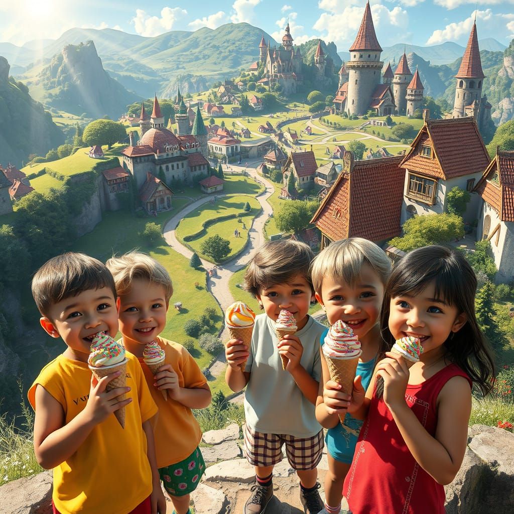 Village Children Delight in Colorful Ice Cream Treats in a F...