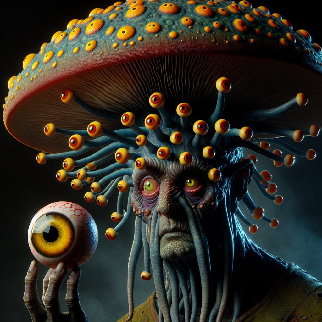 Mushroom Head Character with Eye Stalks in Dark Scene