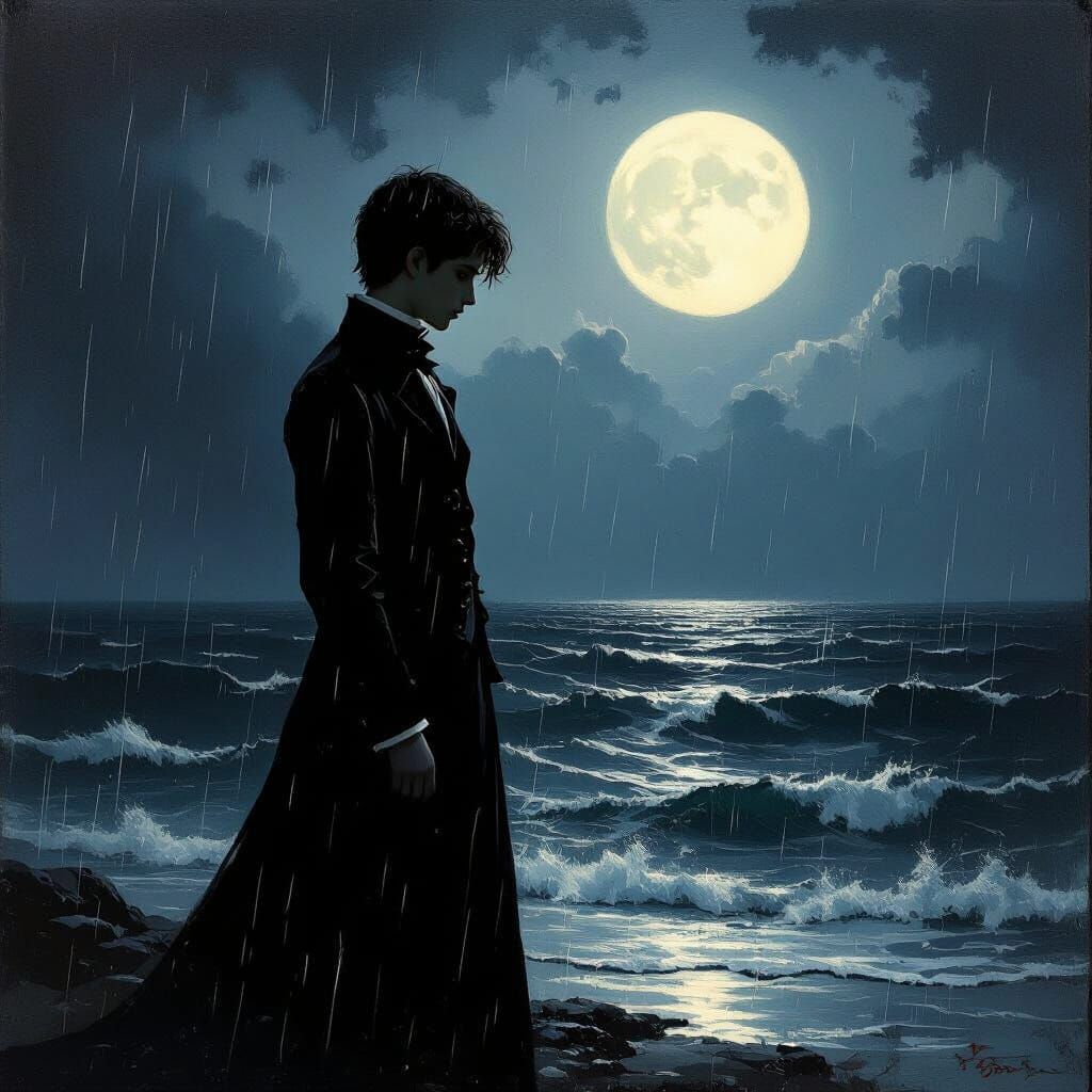 Boy by the Sea at Night, Moonlit Ocean Scene