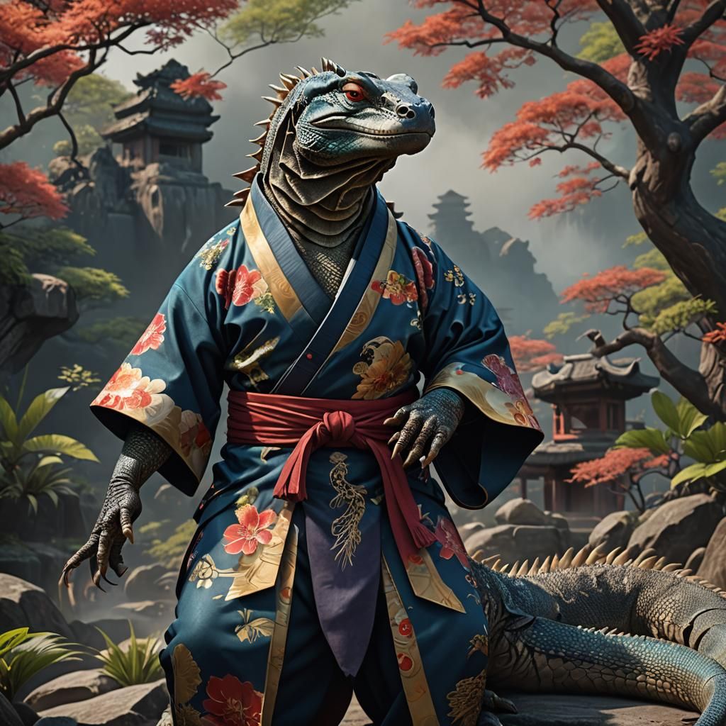 Komodo Dragon in Kimono: Detailed Fantasy Art