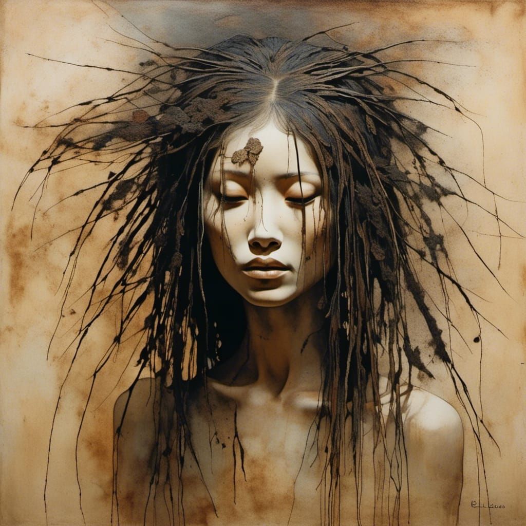 Ethereal Nymph with Seed Pods in Sosaku Hanga Style