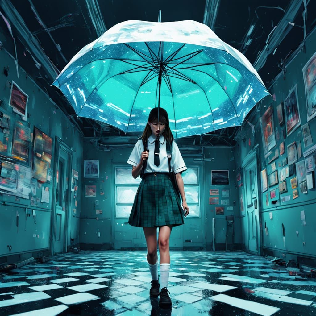 Surreal Schoolgirl with Snake in Glitch Art Style