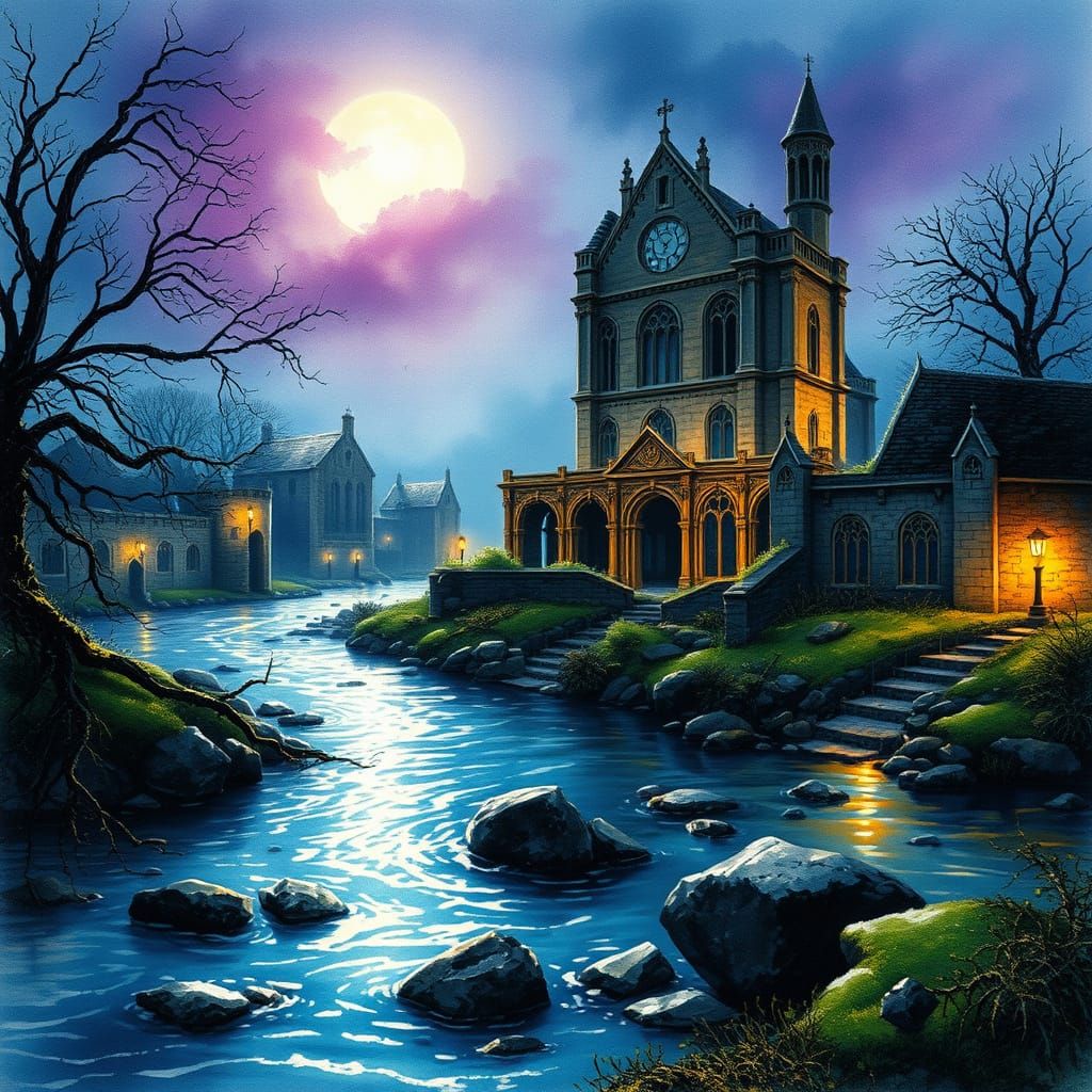 Mystical Moonlit Ruins Along the Serpentine Riverbanks in En...