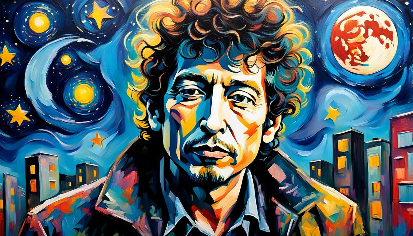 Singer in Acrylic Painting with Graffiti Wall and Moon