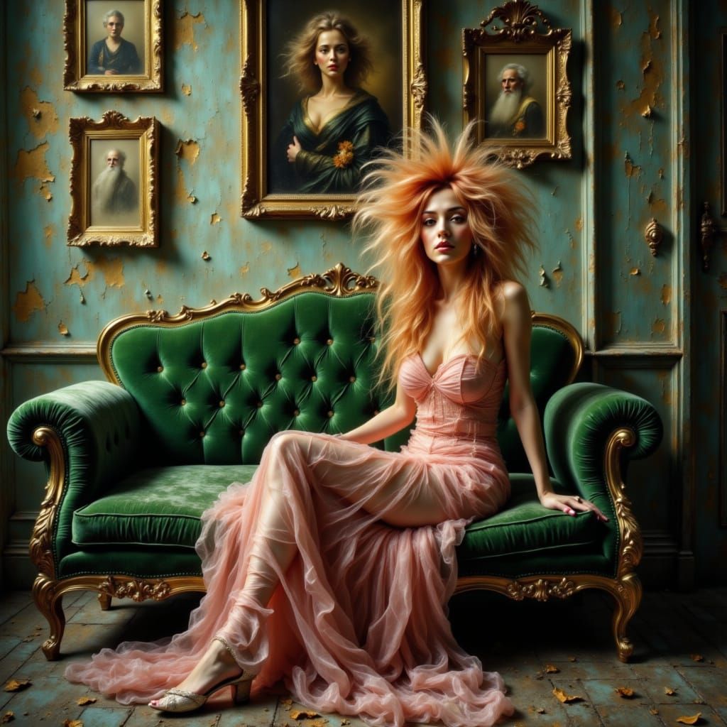 Mysterious Woman in Pink Dress on Velvet Sofa