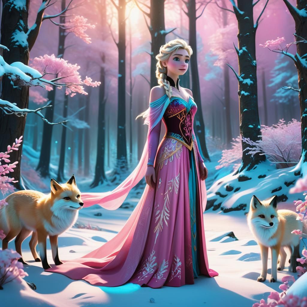 Elsa and Snow Fox in Snowy Forest