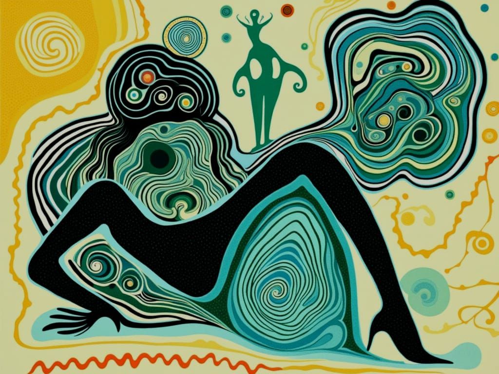 1960s Woman Climbing Man's Shoulders as Woven Rug Art