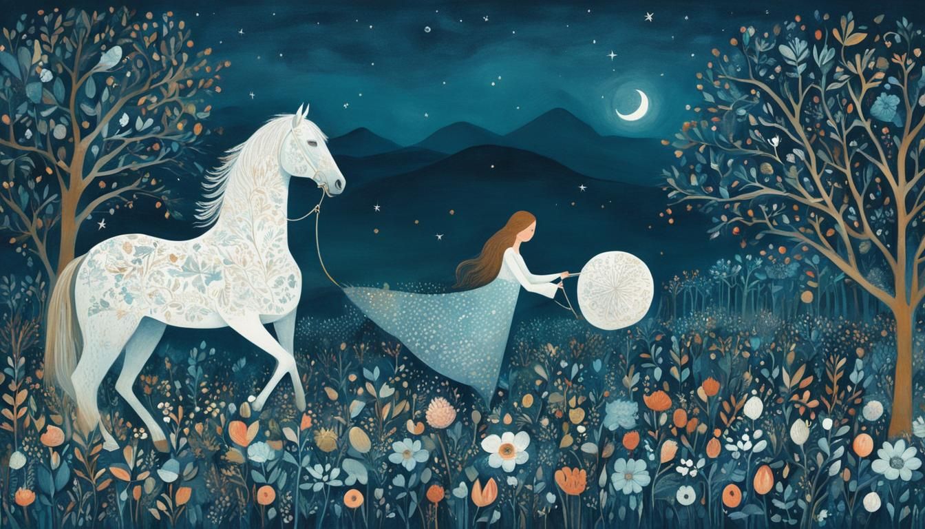 Ethereal Woman and White Horse Illustration
