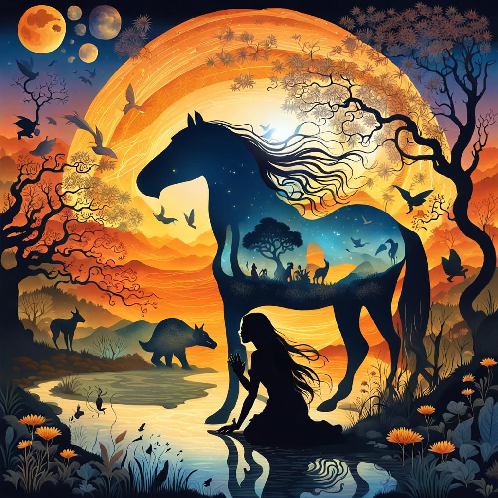 Mystical Creatures Collage at Sunset: High-Resolution Photo