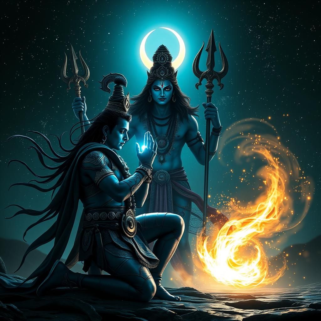 Indian Superhero and Lord Shiva in Cosmic Scene