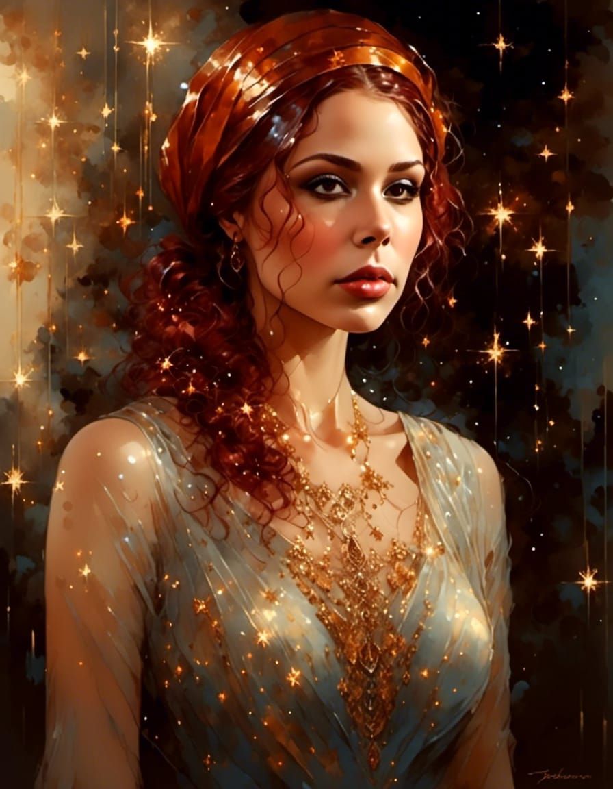 Woman in Starry Headscarf: Hyperrealistic Fantasy Portrait