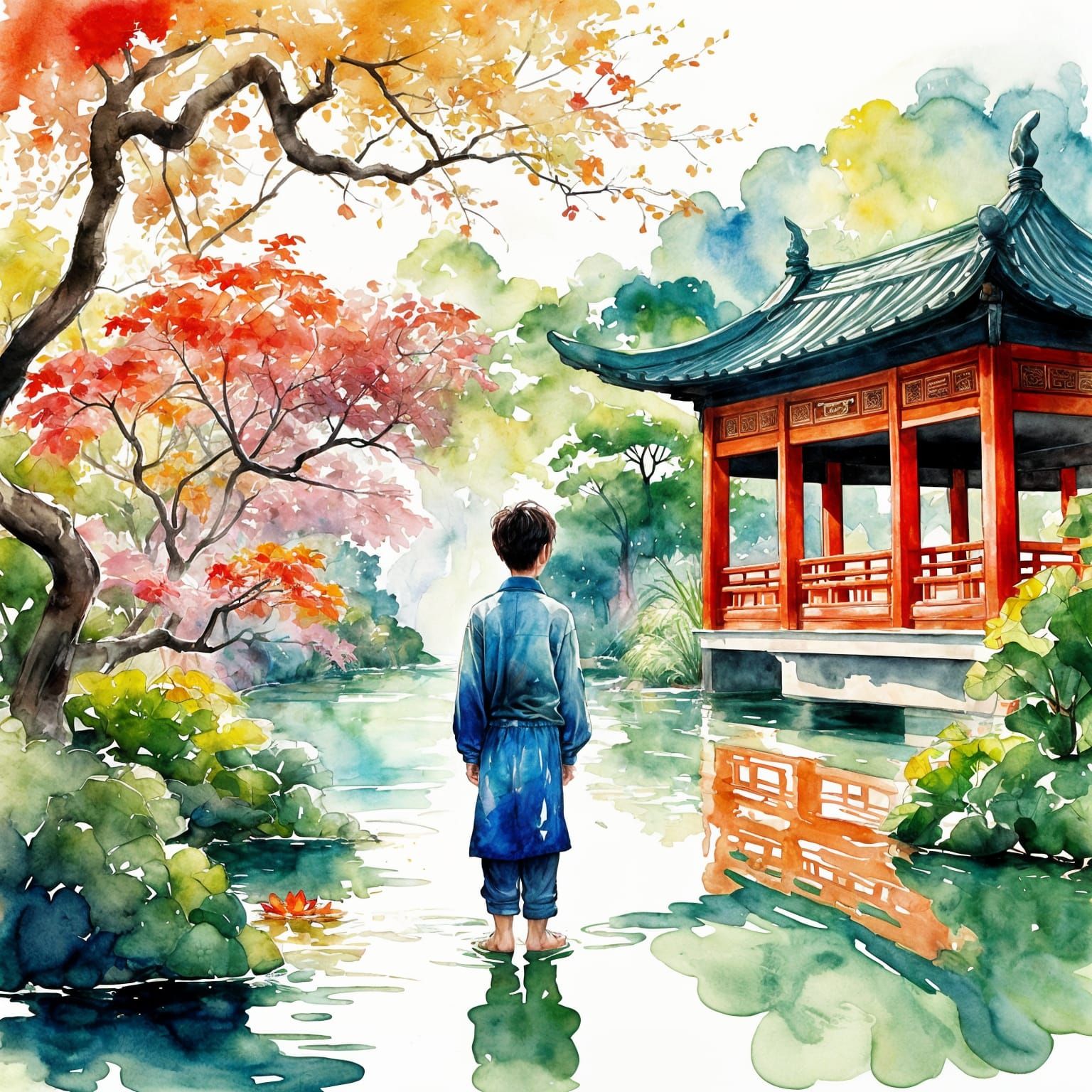 Watercolor Portrait of Boy in Chinese Garden