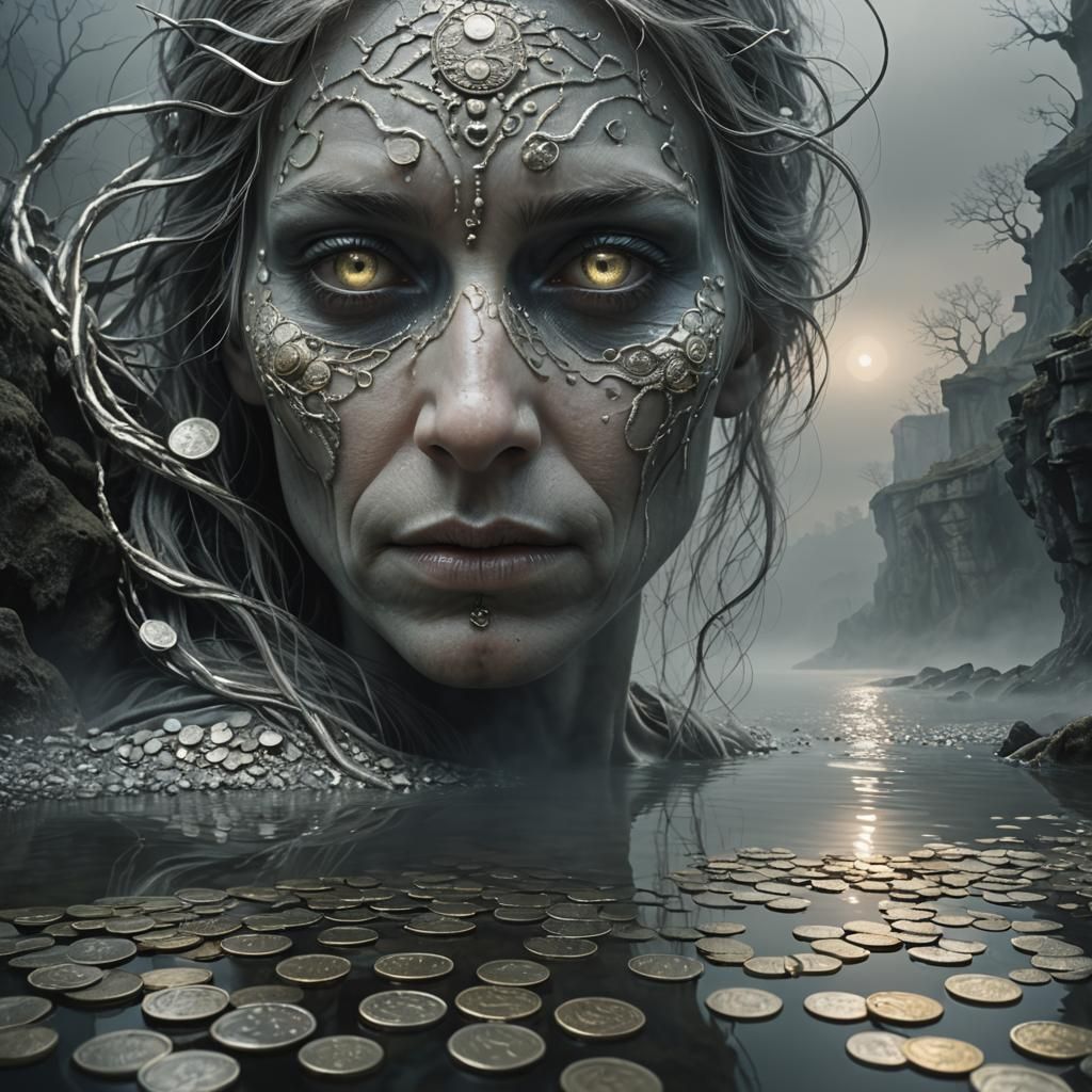 Silver Coins on Eyelids in Misty Dreamscape