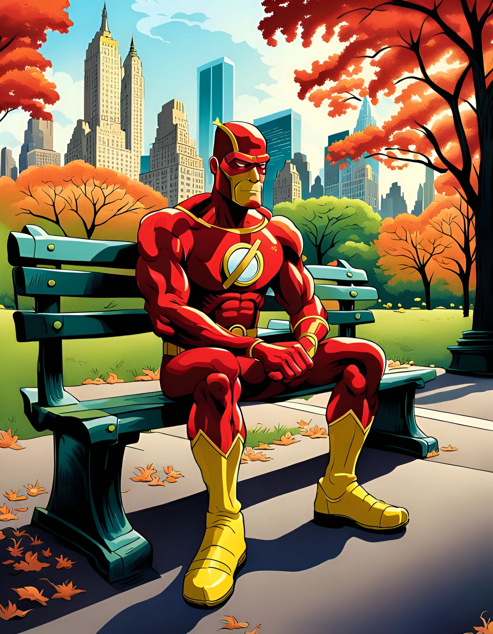 Radioactive Man Relaxing in Central Park: Cartoon Style