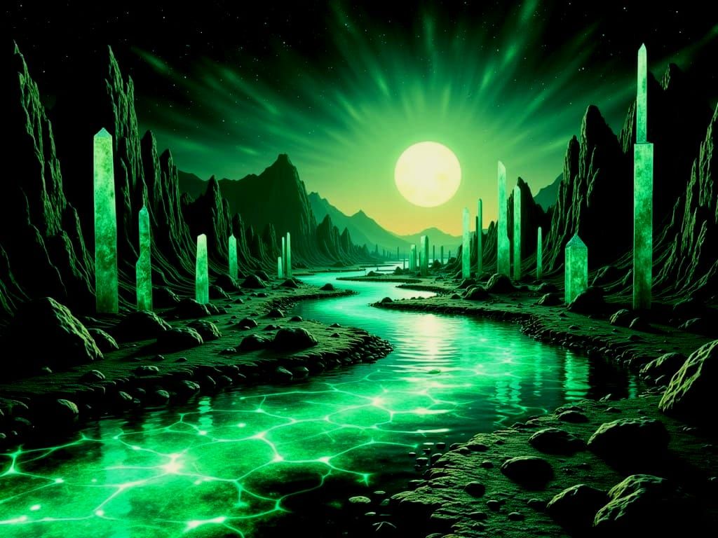 Emerald Green Streams in a Geometric Glass Landscape