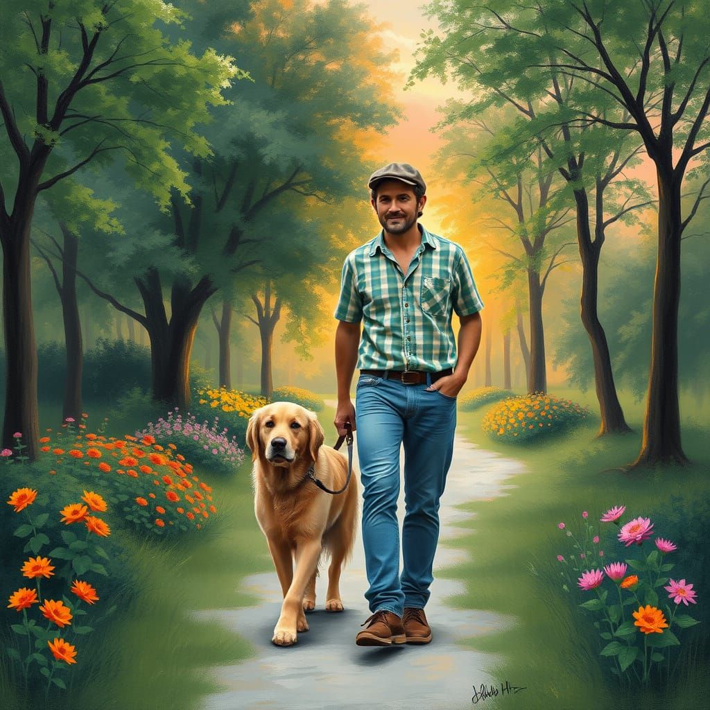 Man and Dog Stroll in Sunset Park Landscape