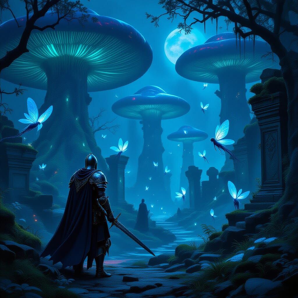 Lone Knight in Bioluminescent Forest Dark Fantasy Art