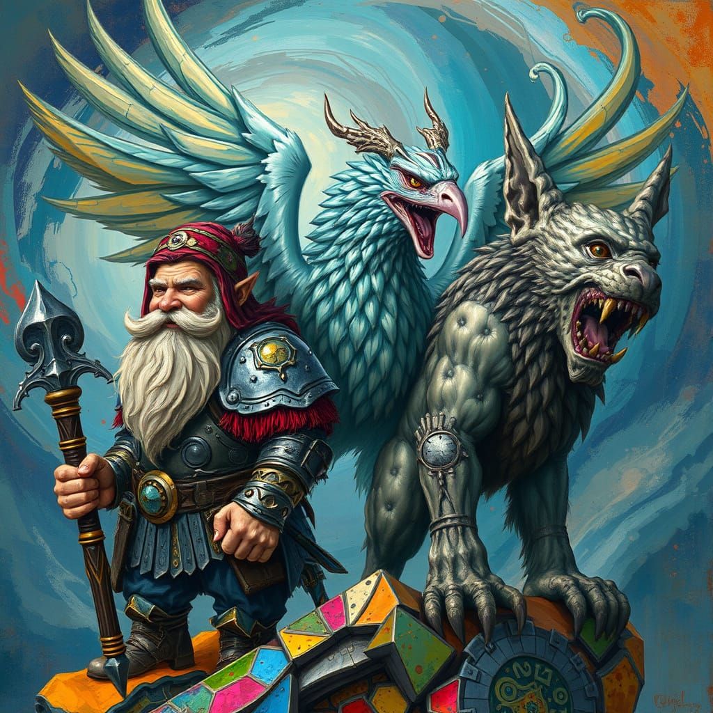Dwarf, Griffin, and Gargoyle in Abstract Ethereal Art