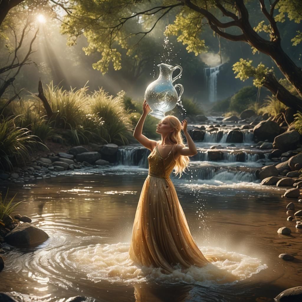 Blonde Woman with Vase by Creek: Fantasy Art
