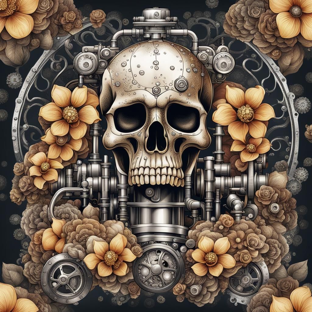 Steampunk Skull Surrounded by Dewy Flowers