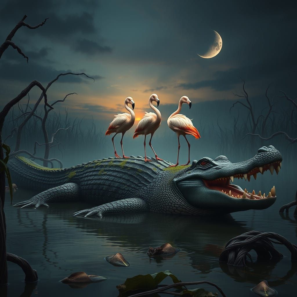 Gargantuan Alligator in Primeval Swamp, Flamingos at Twiligh...
