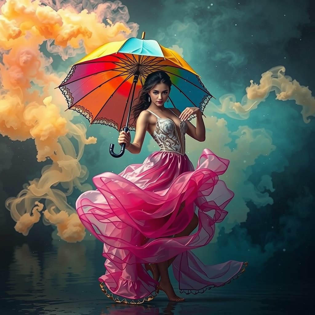 Ethereal Dancer in Vibrant Umbrella, Soft-Colored Smoke in M...