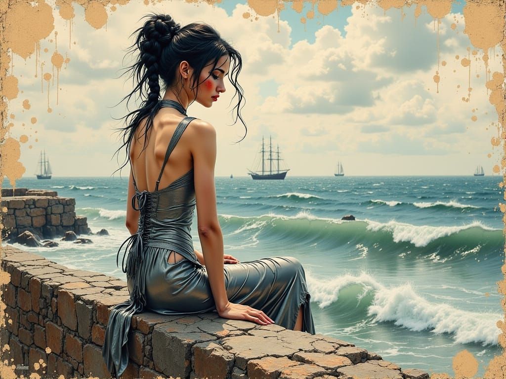 Norse Goddess Gazing at the Sea: Ink and Watercolor