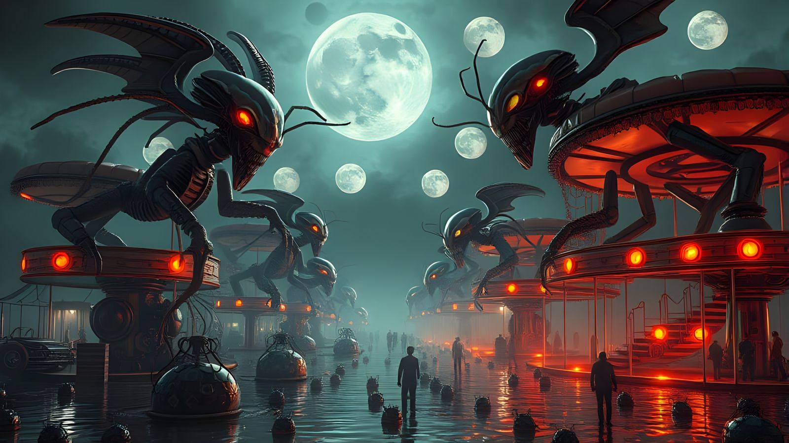 Nightmare Alien Carnival with Biomechanical Rides and Insect...