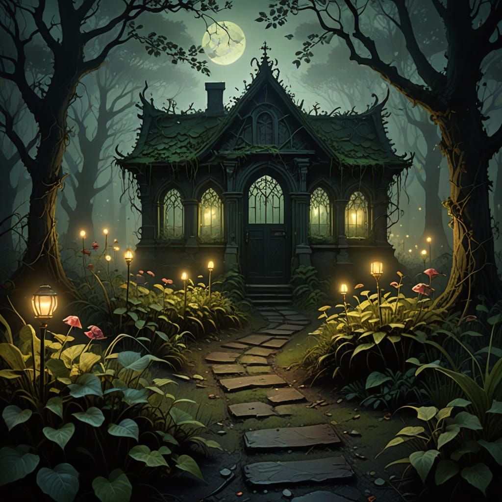 Haunting Gothic Garden: A Dark Fantasy Illustration