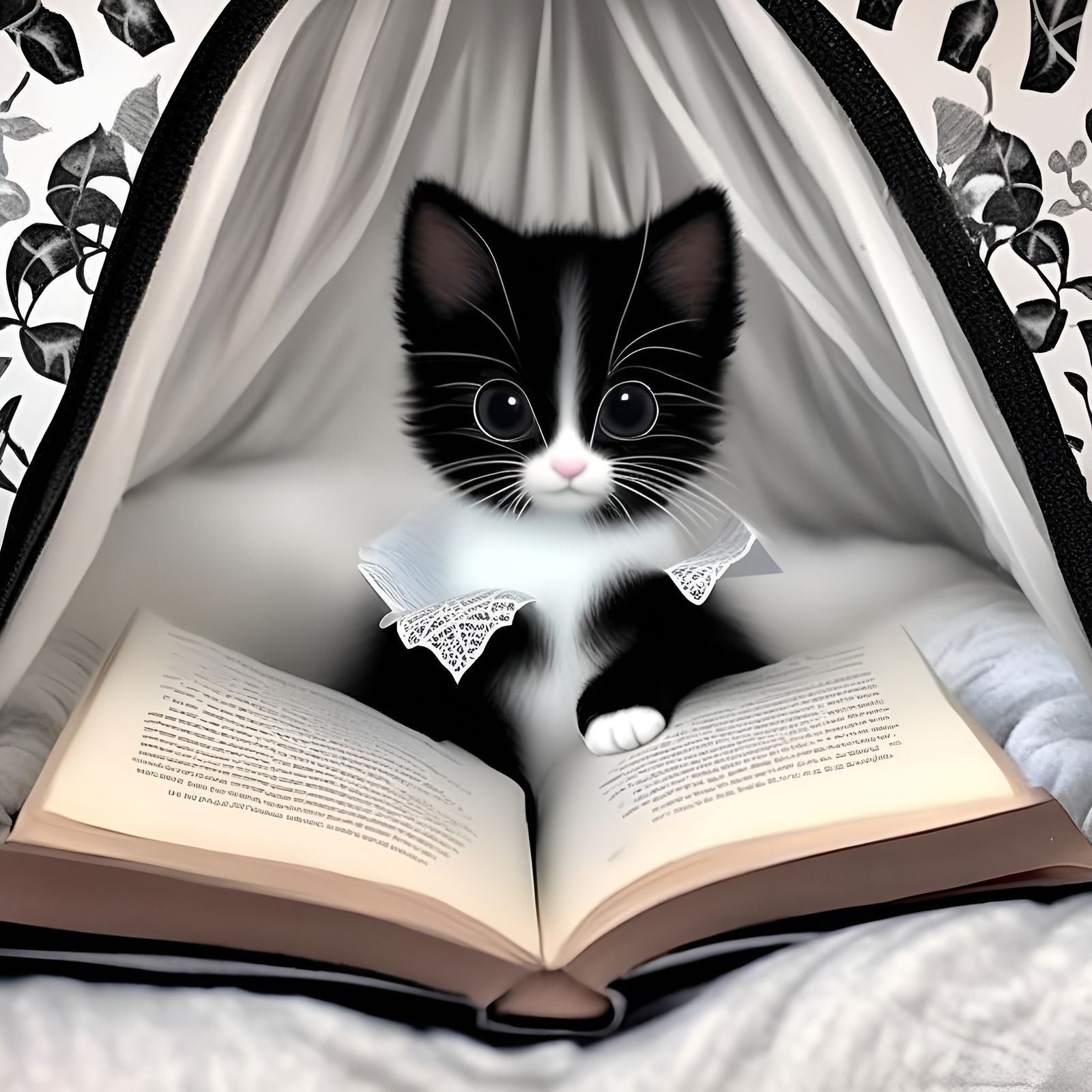 Tuxedo Kitten Reads in Canopy Bed